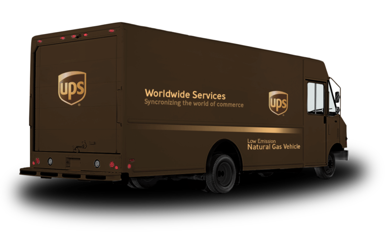 Brown UPS van upfitted for commercial delivery services with natural gas vehicle branding shown
