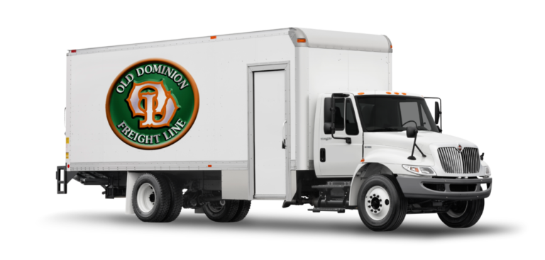 White Old Dominion Freight Line laundry truck used for transporting commercial laundry goods