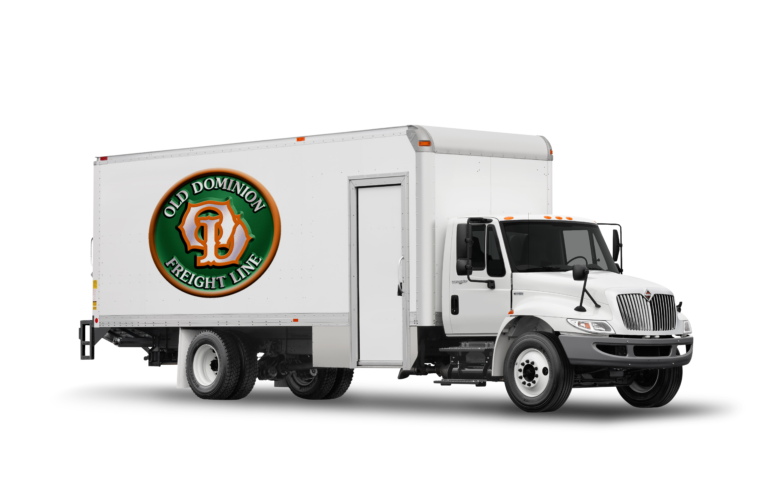 White parcel truck used for freight logistics, featuring Old Dominion Freight Line branding on side